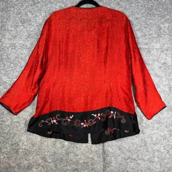 Asian Inspired 100% Silk Red Top Embroidered Hem XXL Festival Lightweight Chic - Picture 10 of 16